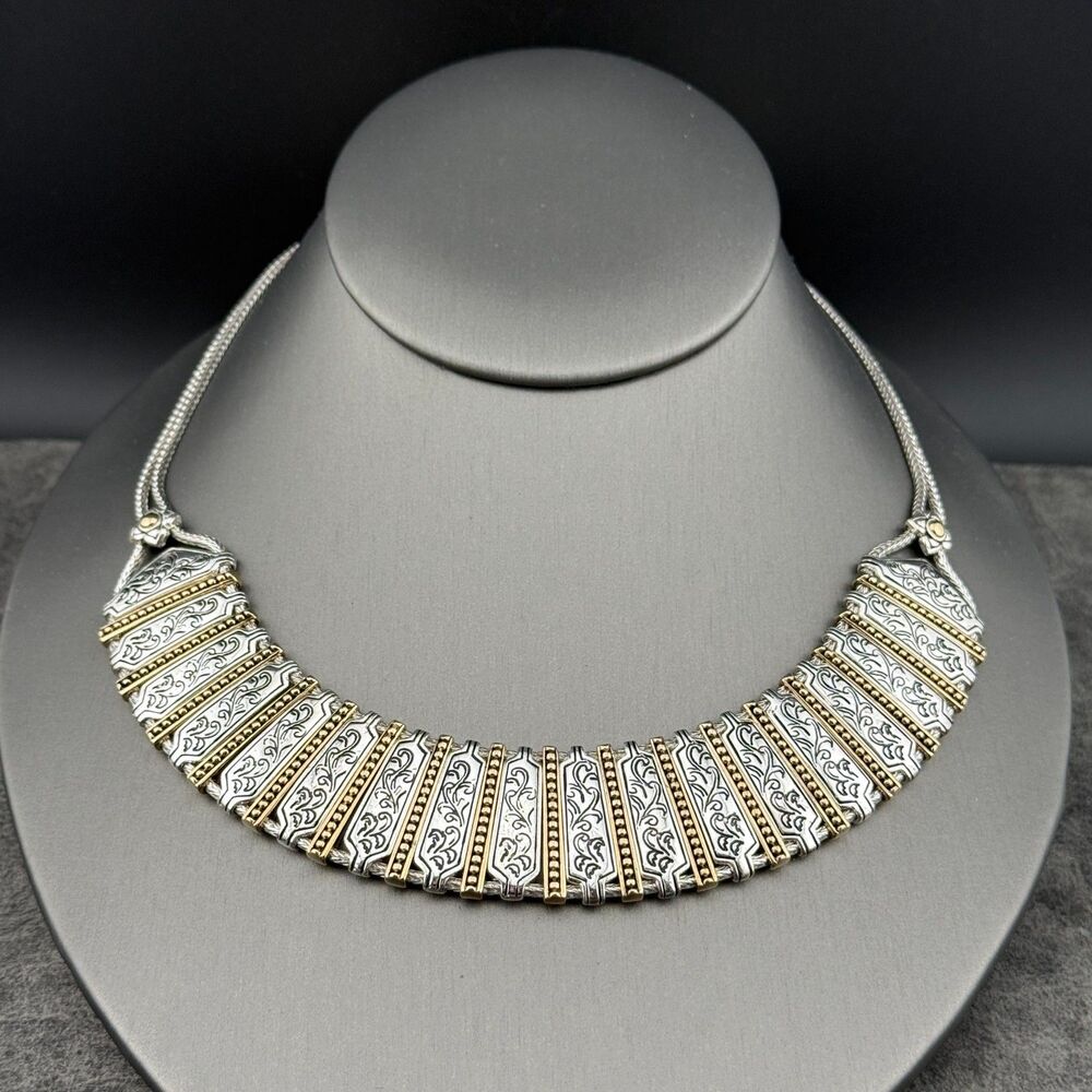 Vintage Monet Silver-Gold-Tone Etruscan Style Bib Collar Necklace Boho Tribal - Picture 14 of 14